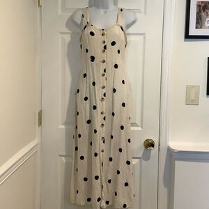 SINCERELY JULES Cream/Navy Linen Blend Polkadot Coastal Grandma Maxi Dress M